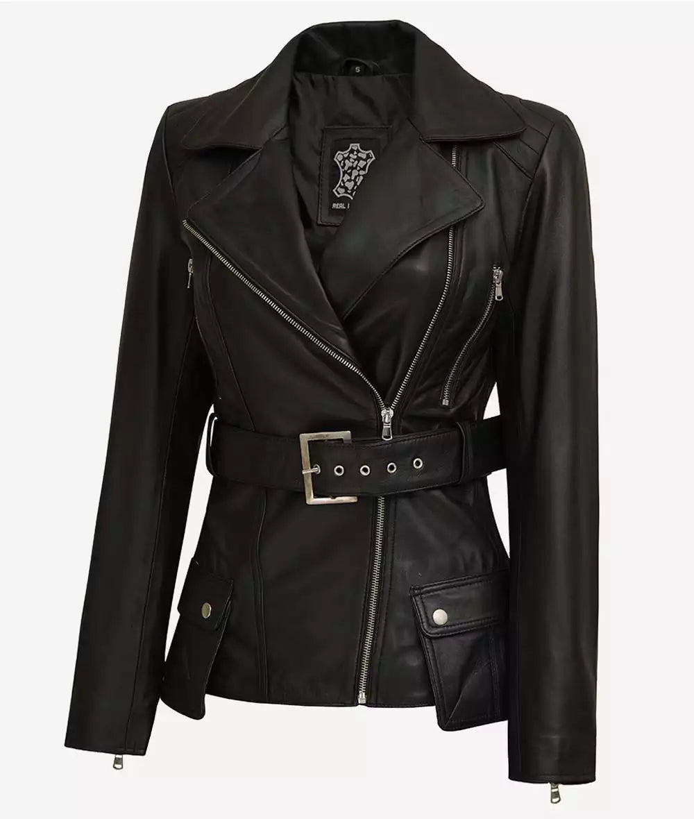 Women's Black Belted Moto Leather Jacket image 1