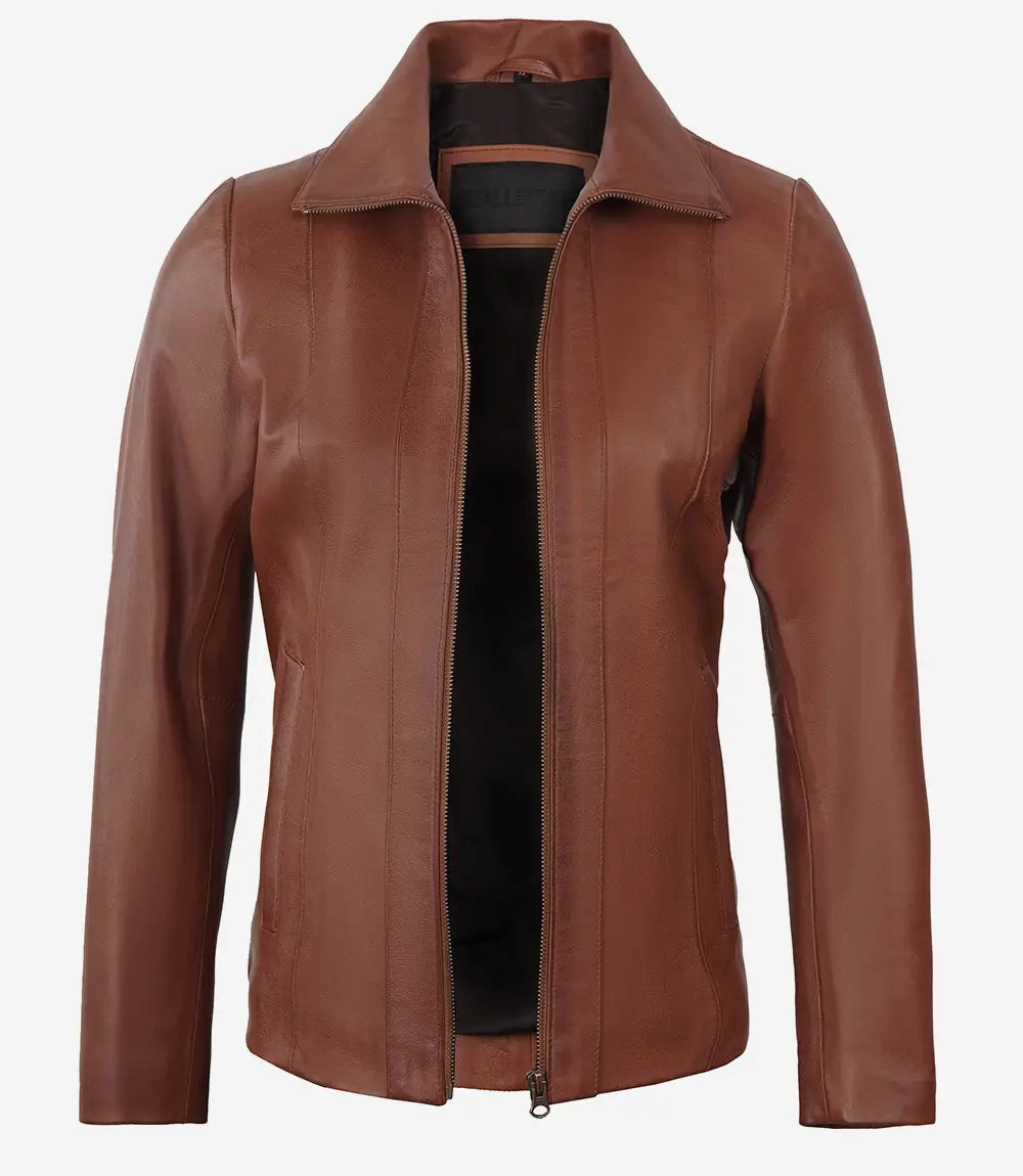 Women's Cognac Zipper Closure Lambskin Leather Coat image 1