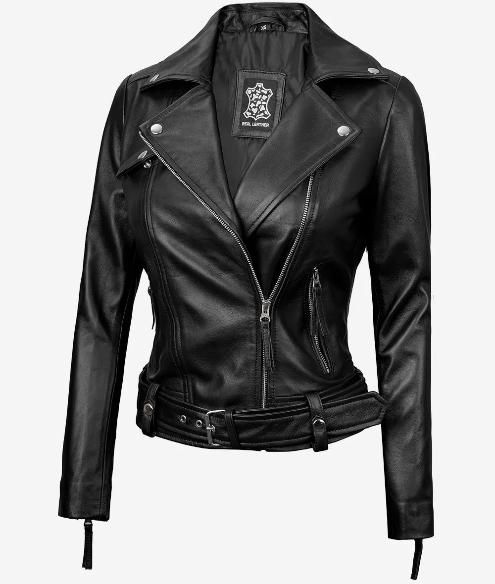 Women's Asymmetrical Black Leather Biker Jacket image 1