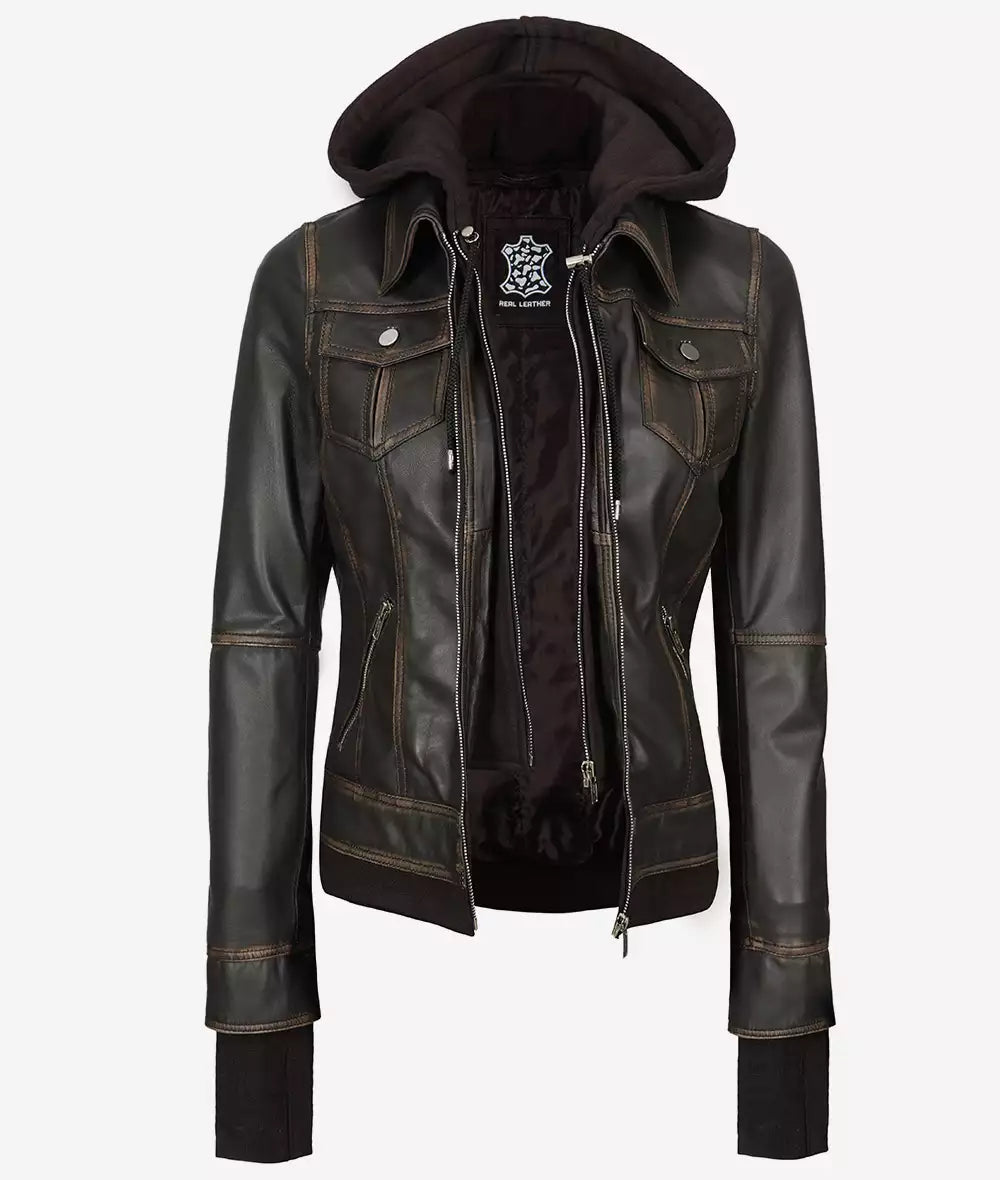 Women's Brown Rub-Off Detachable Hooded Bomber Leather Jacket image 0
