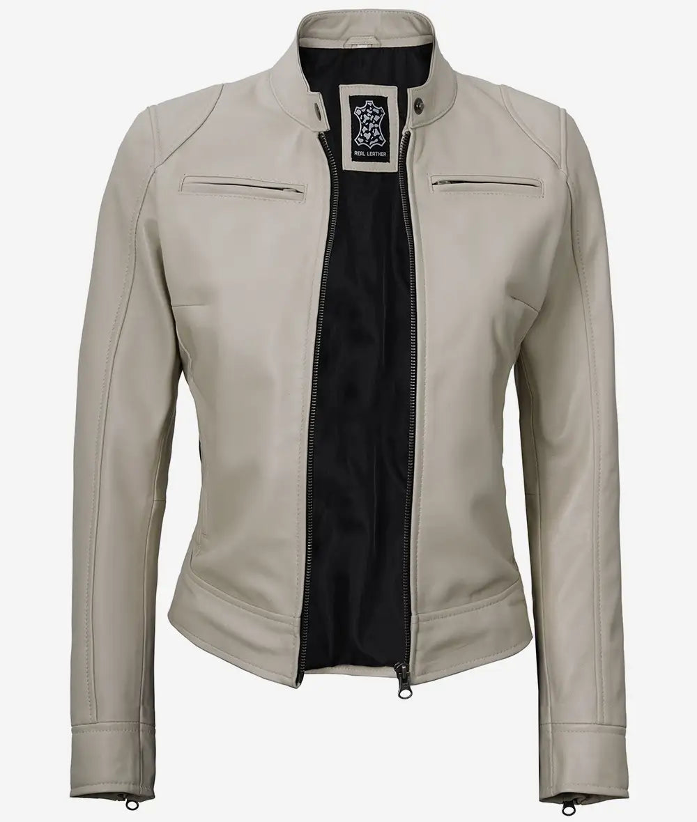 Dodge Women's Beige Cafe Racer Leather Jacket image 1