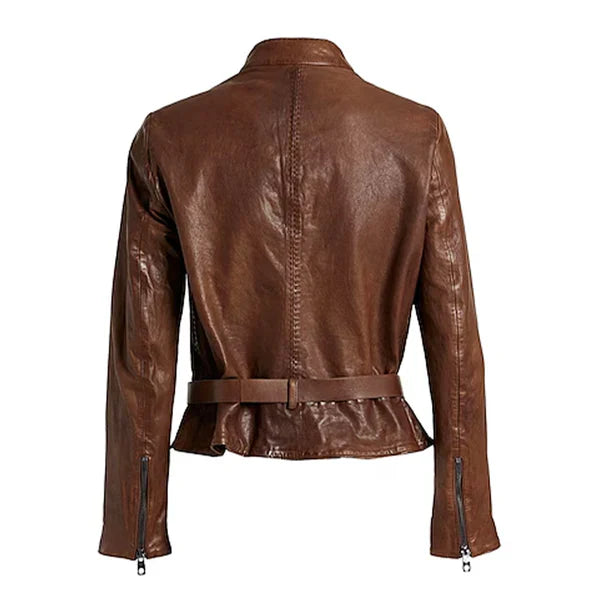 Women's Brown Stylish Button Moto Leather Jacket image 1