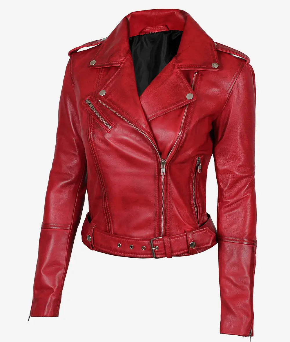 Women's Asymmetrical Belted Moto Red Leather Jacket image 1