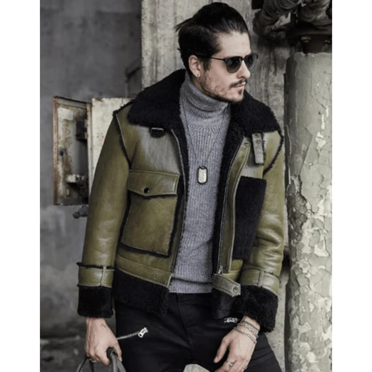 Mens Green RAF Flying Pilot Shearling Leather Jacket image 0