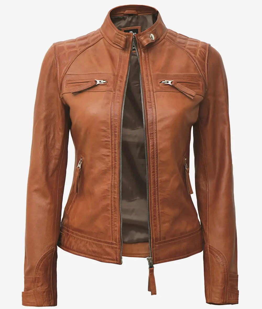 Women's Tan Real Lambskin Leather Quilted Biker Jacket image 1