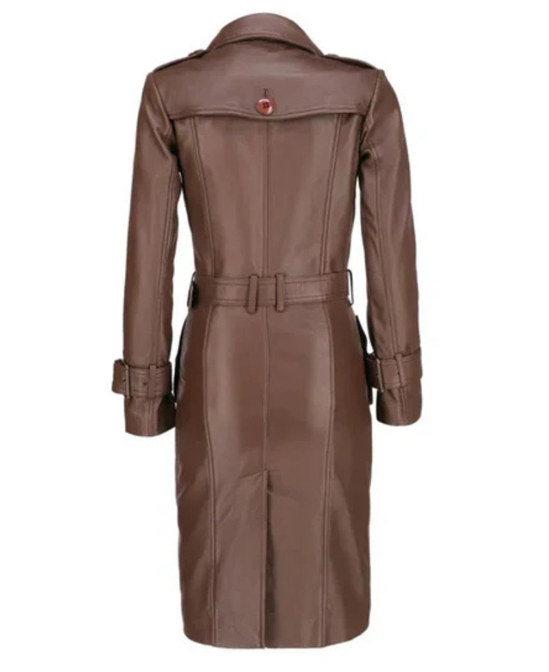 Women's Brown Double-Breasted Leather Coat image 1