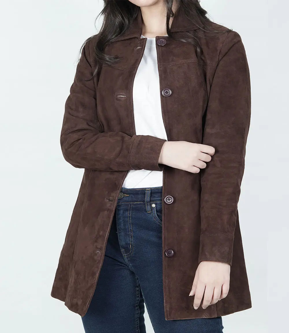 Women's Dark Brown Button Down Suede Coat image 1