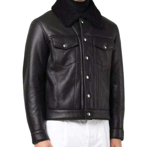 Men's Faux Shearling Fur Collar Black Bomber Leather Jacket image 1