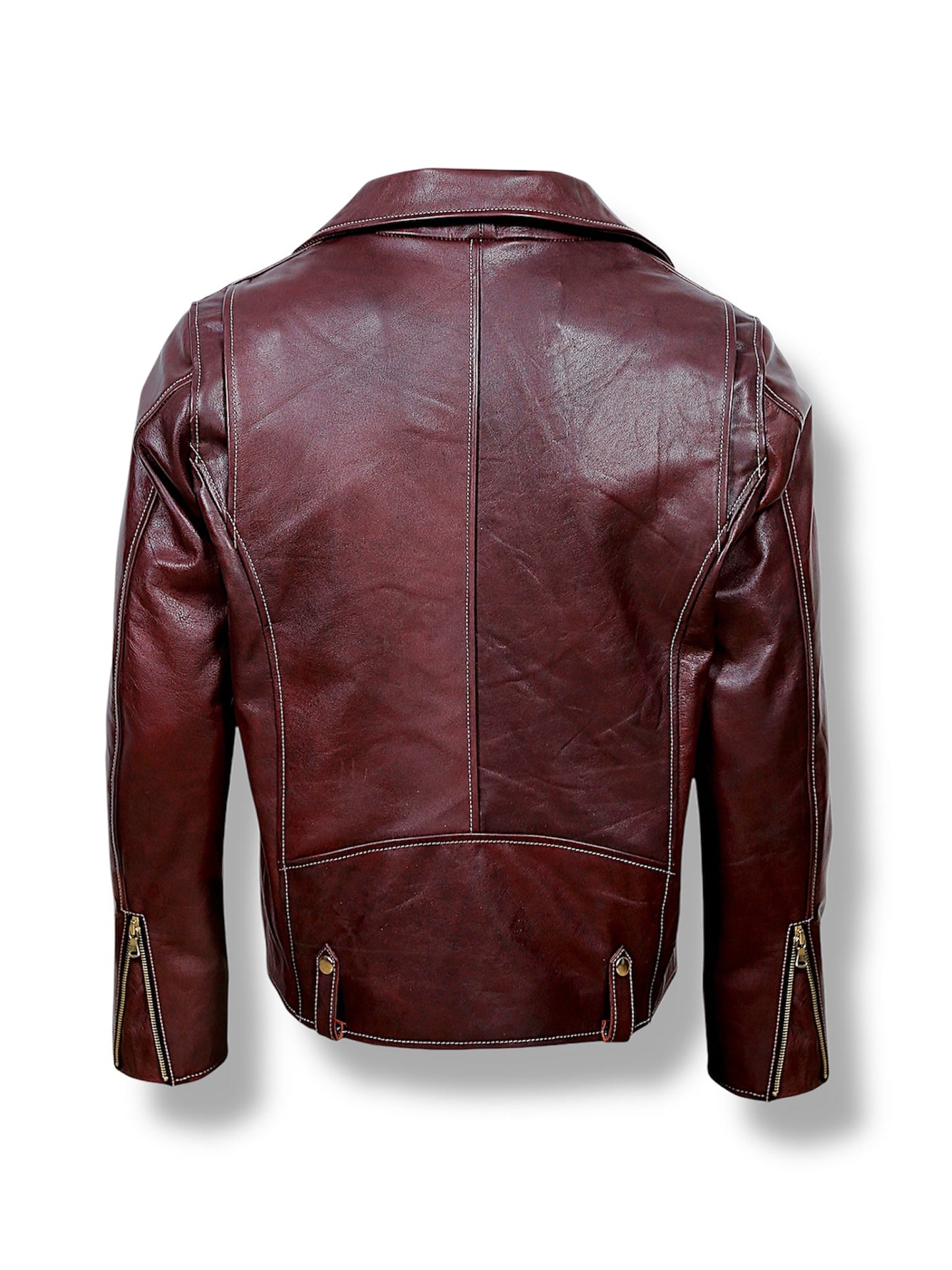 Rouven maroon leather biker jacket for men – back view