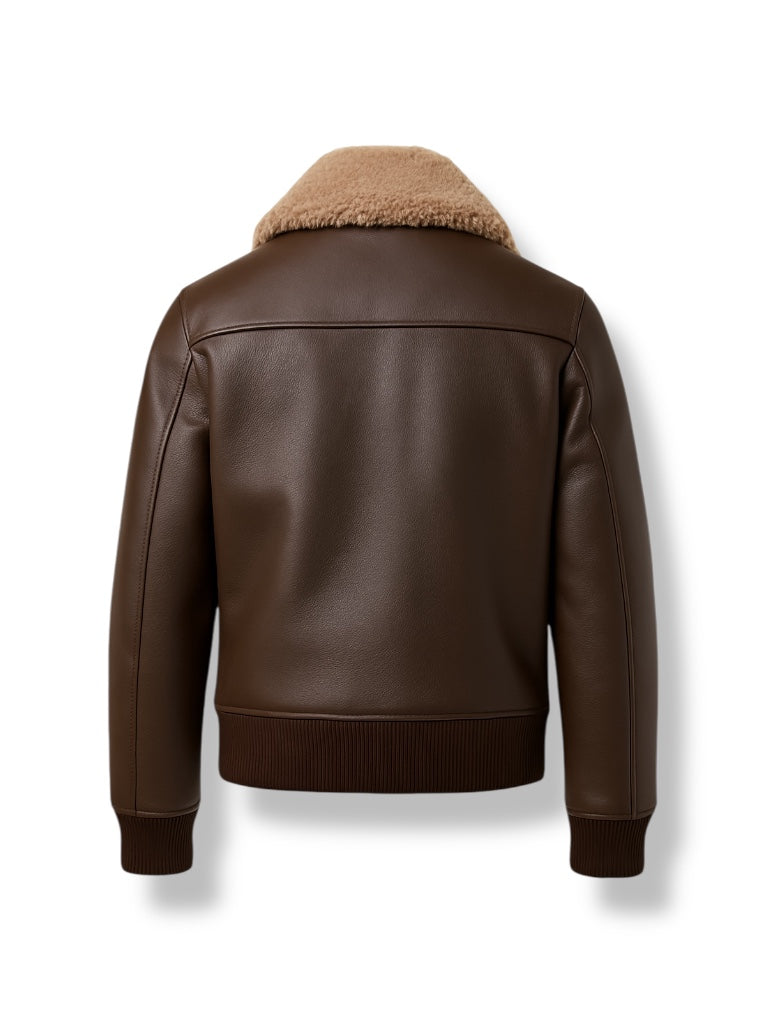 back image of Brown shearling leather jacket with brown fur lining on a white background