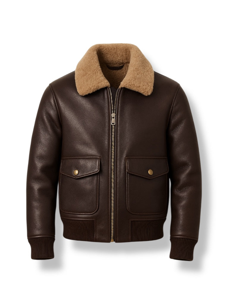 Brown leather jacket with fur collar on a white background