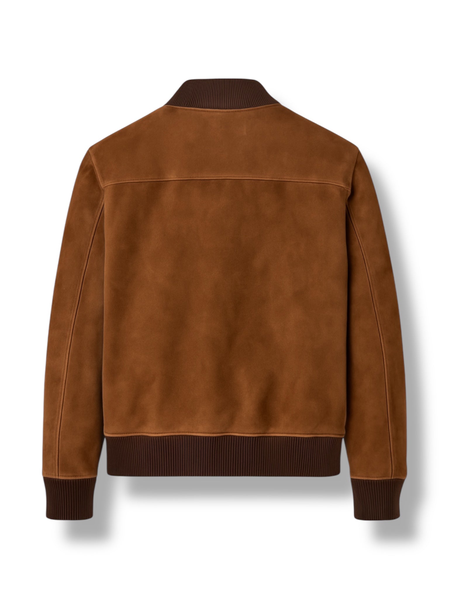 Back shot of brown suede leather jacket on a white background