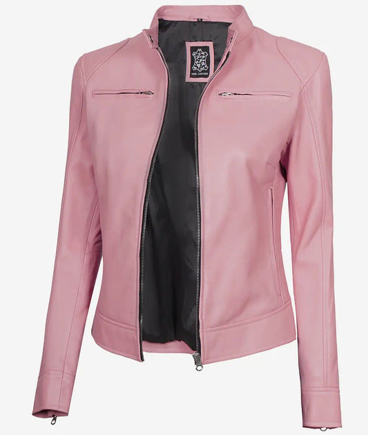 Dodge Women's Light Pink Cafe Racer Leather Jacket image 0