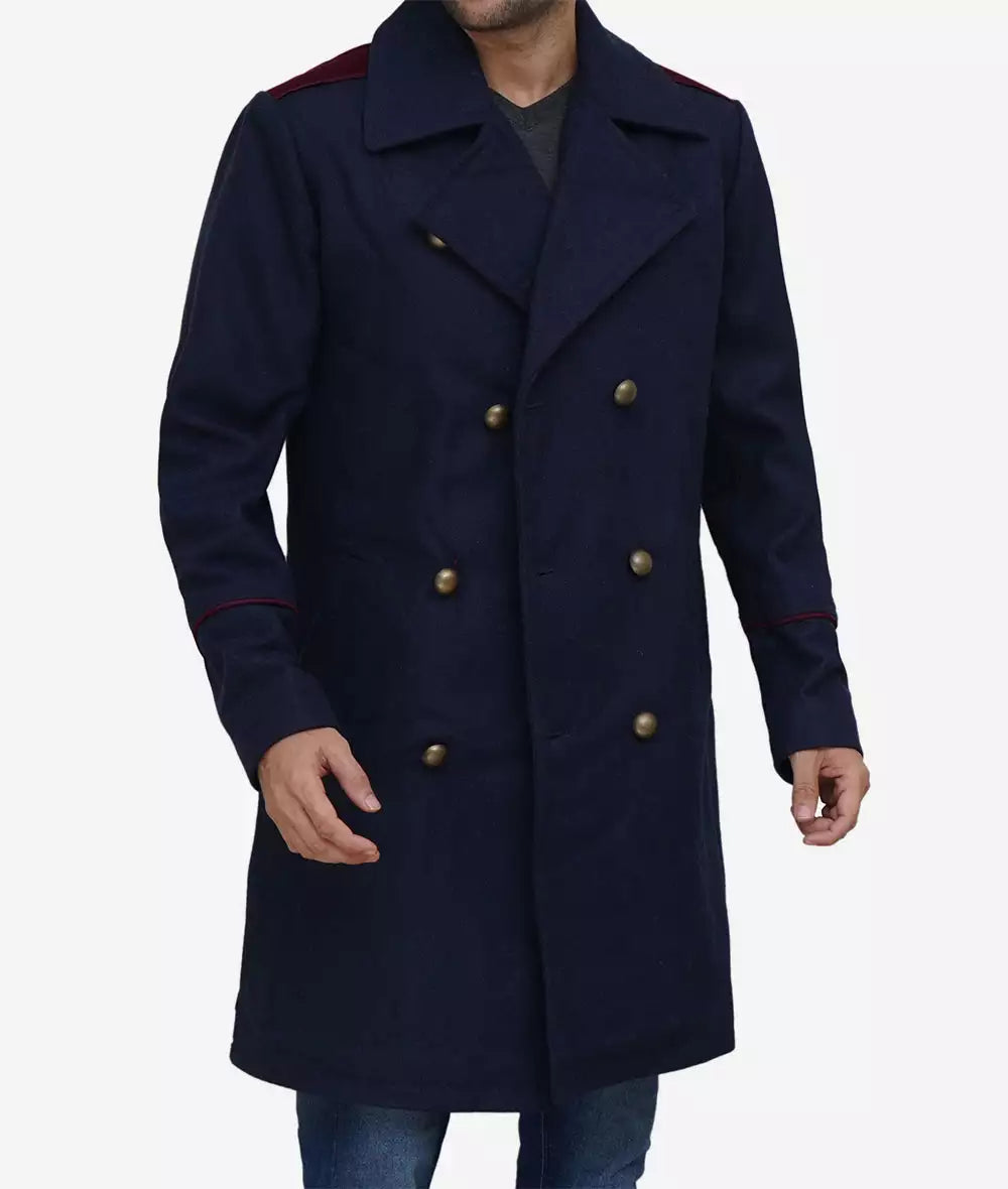Men's Double-Breasted Navy Blue Long Wool Coat image 1