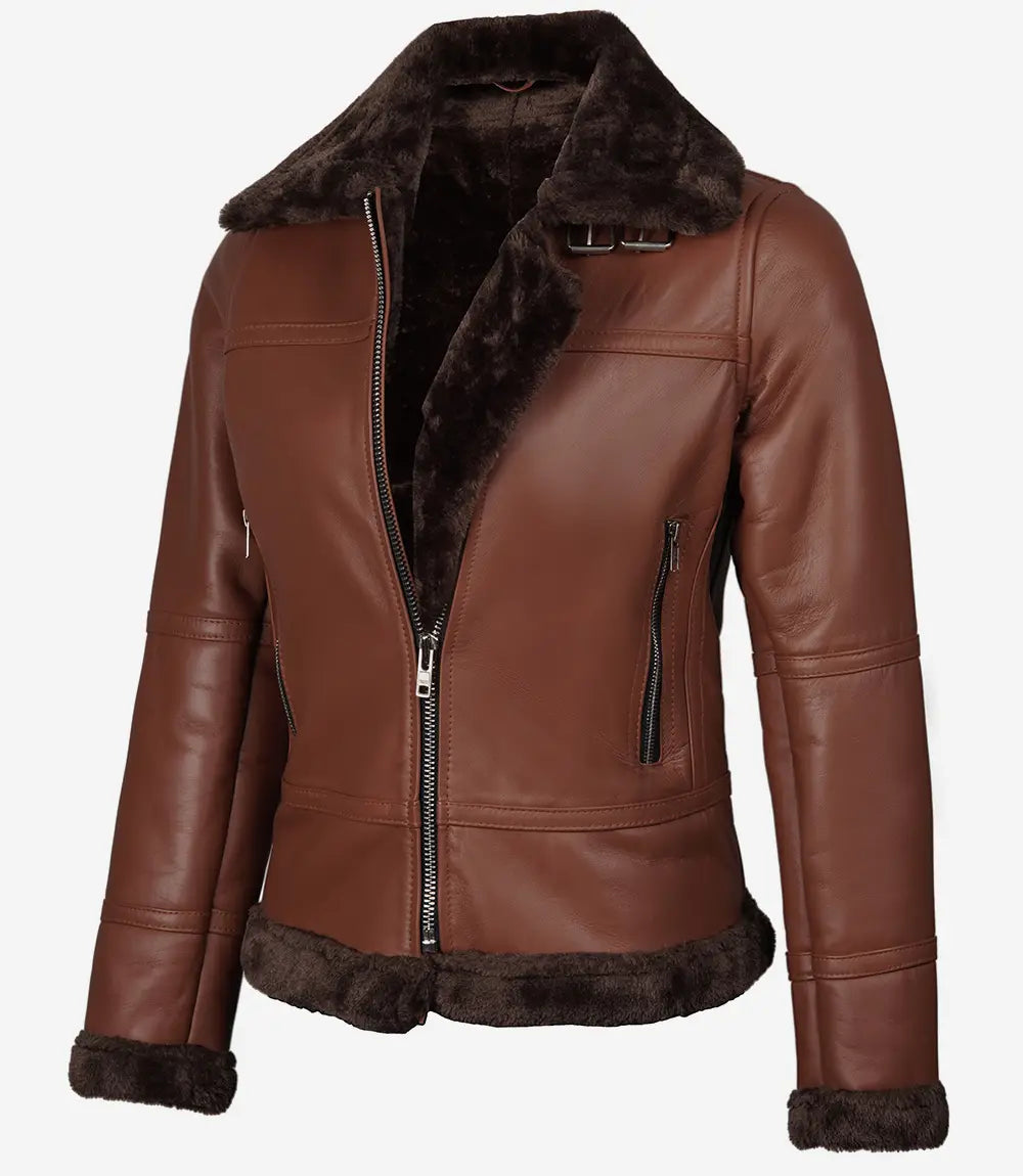 Women's B3 Cognac Shearling Lined Bomber Jacket image 0