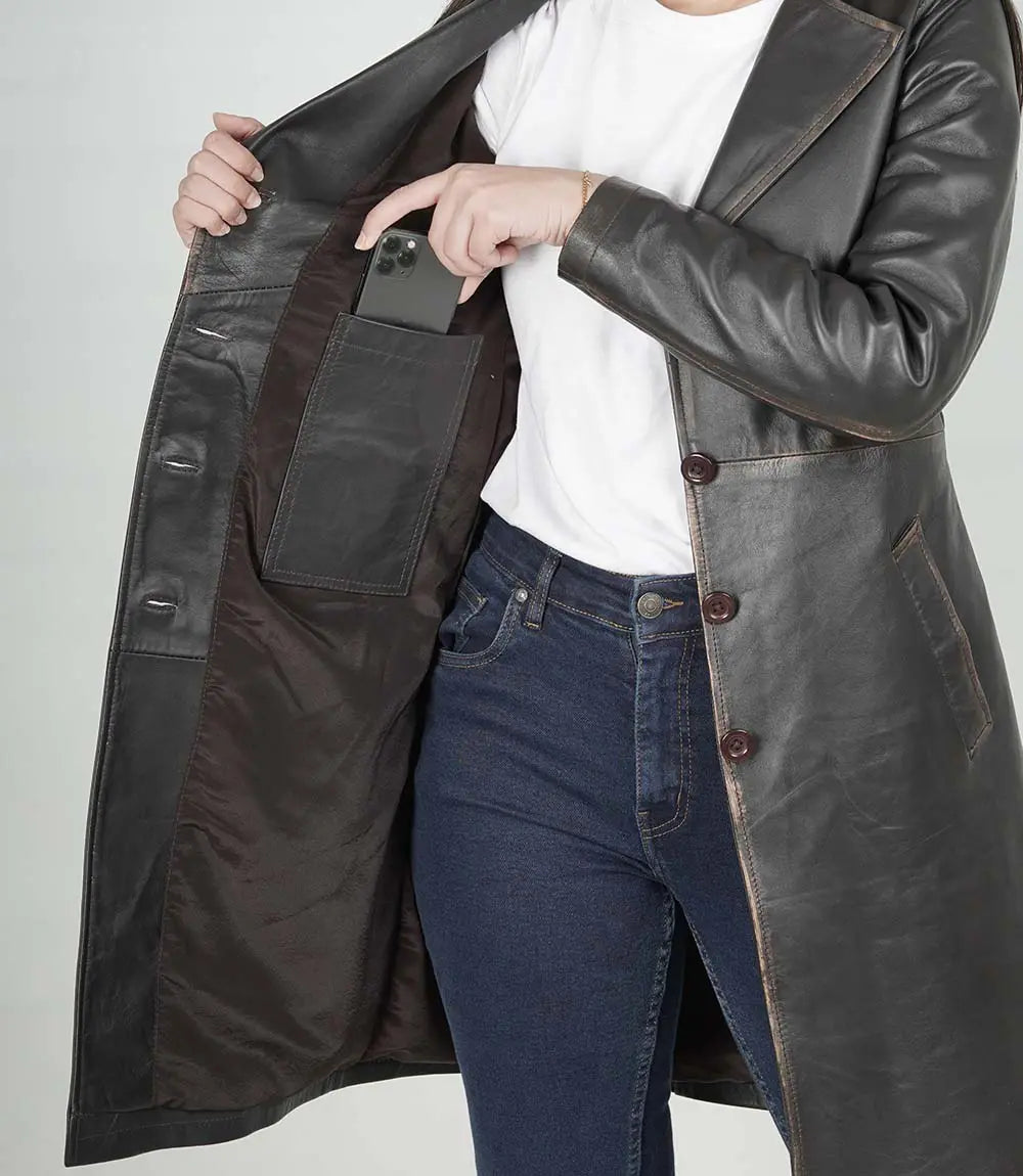 Women's Dark Brown 3/4 Length Leather Coat image 1