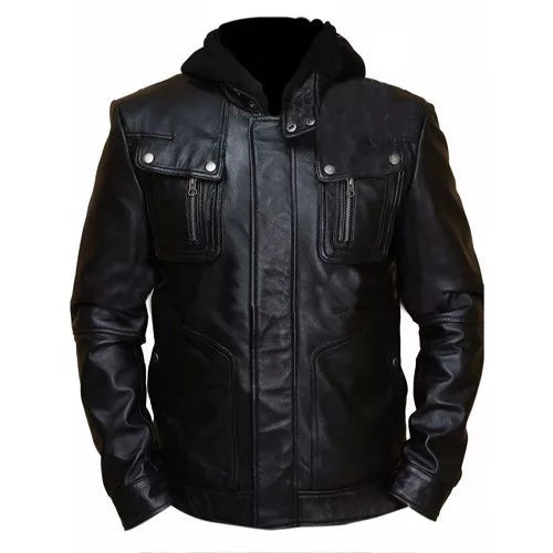 Brando Double Zip Slim Fit Genuine Leather Jacket with Detachable Hood image 0