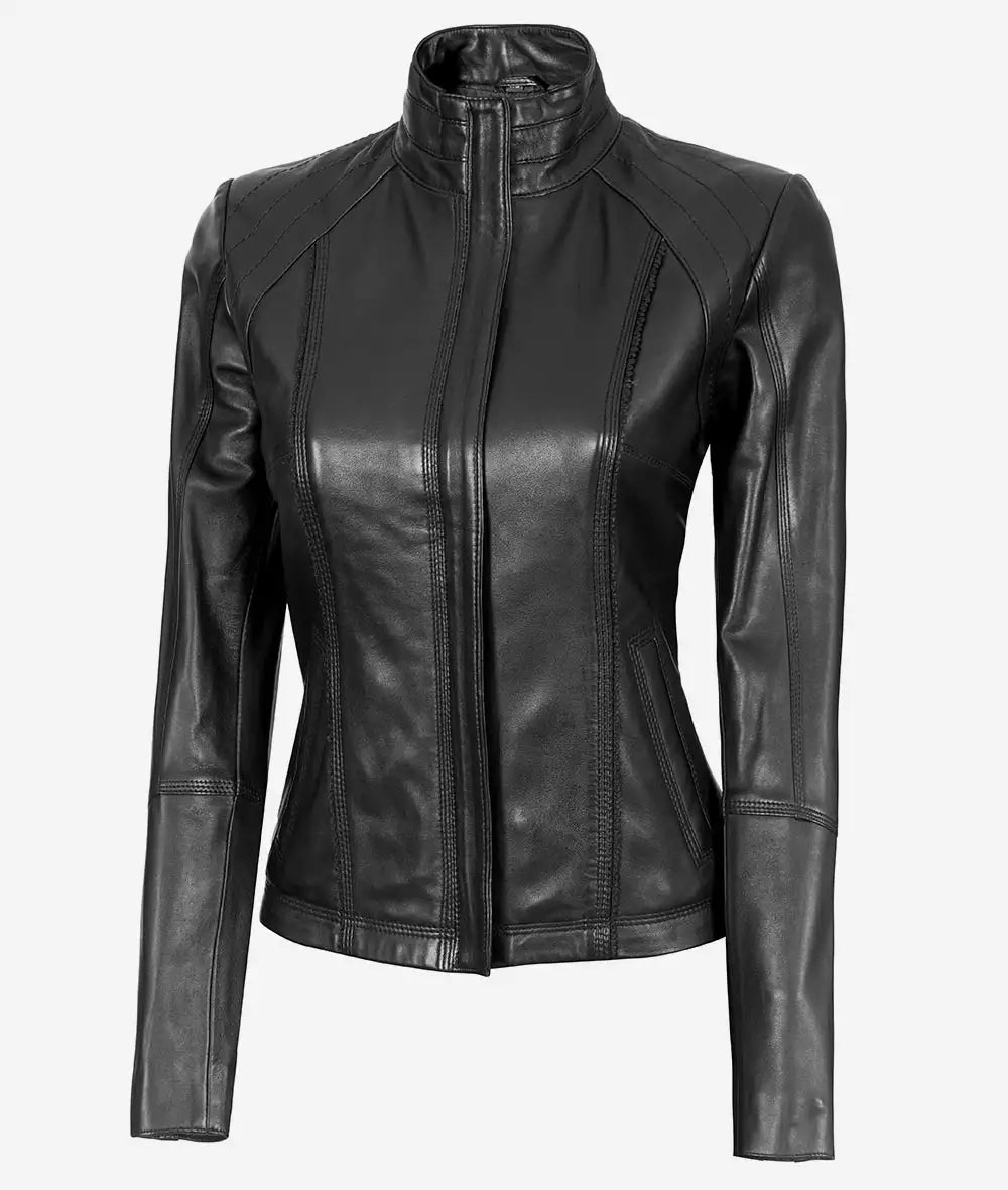 Women's Acerra Black Cafe Racer Leather Jacket image 1