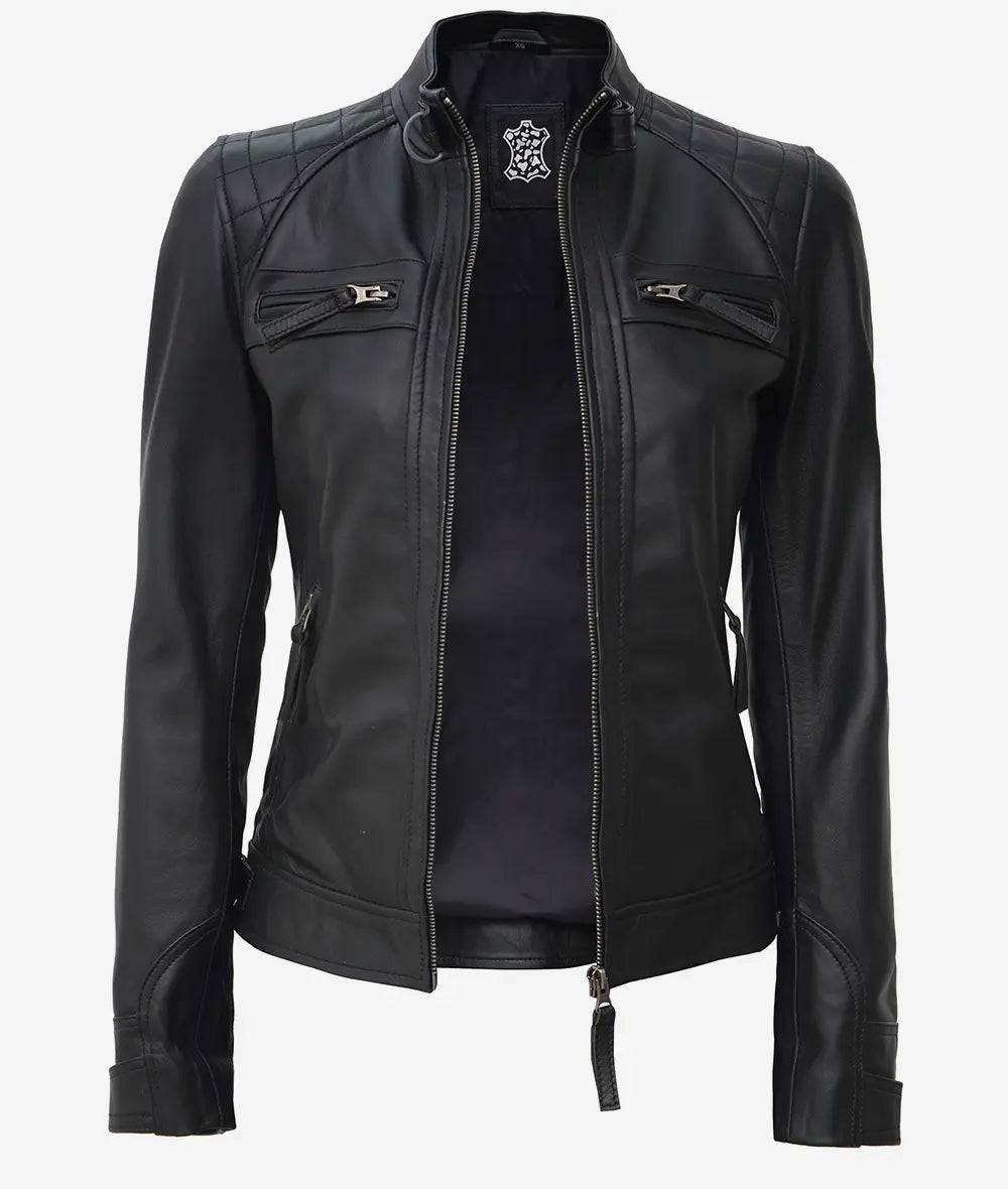 Women's Black Cafe Racer Leather Jacket | Quilted Shoulder image 1