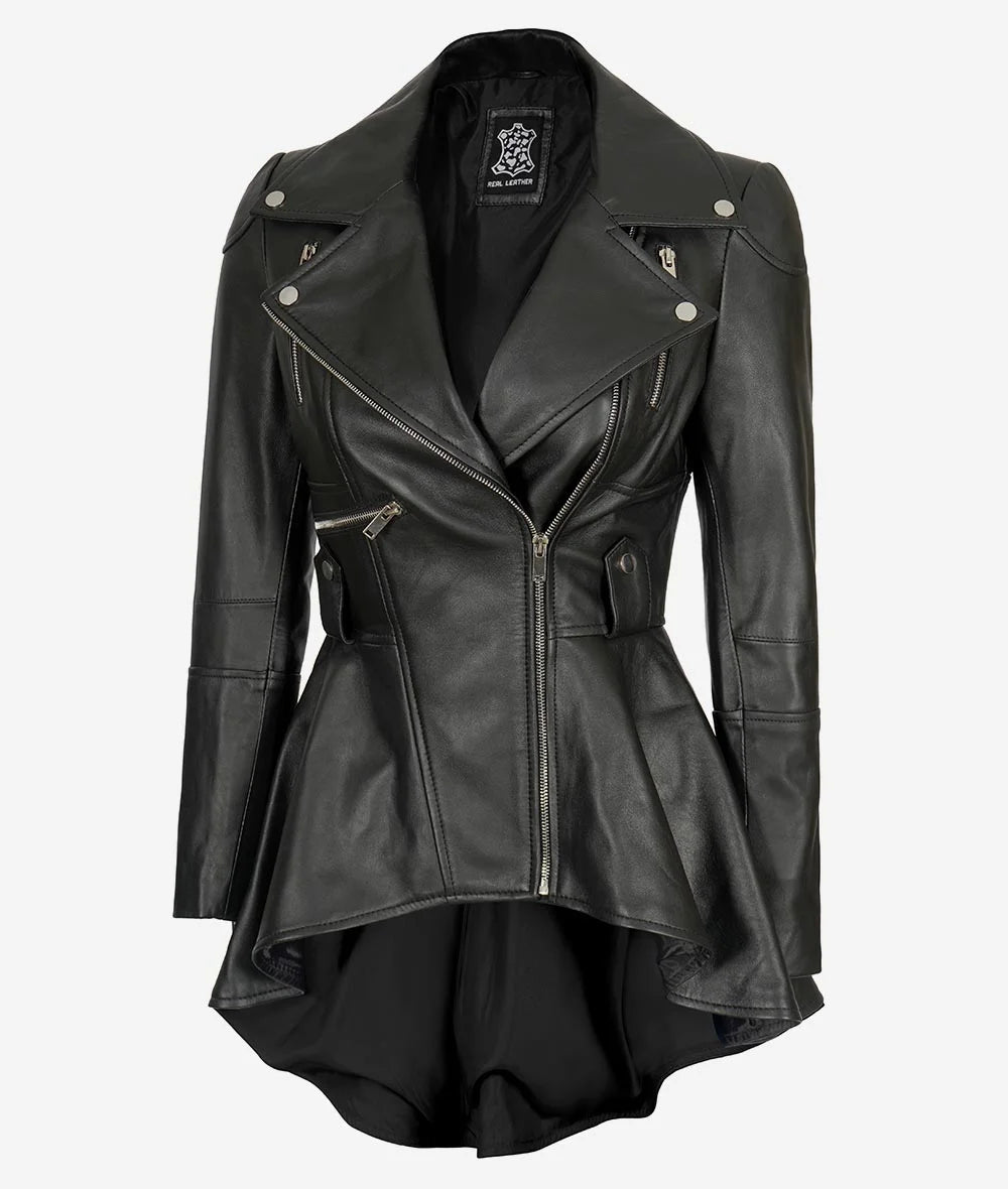 Women's Asymmetrical Peplum Black Leather Jacket image 0
