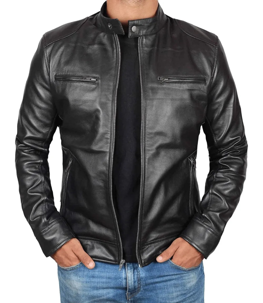 Men's Cafe Racer Genuine Black Lambskin Leather Jacket image 1