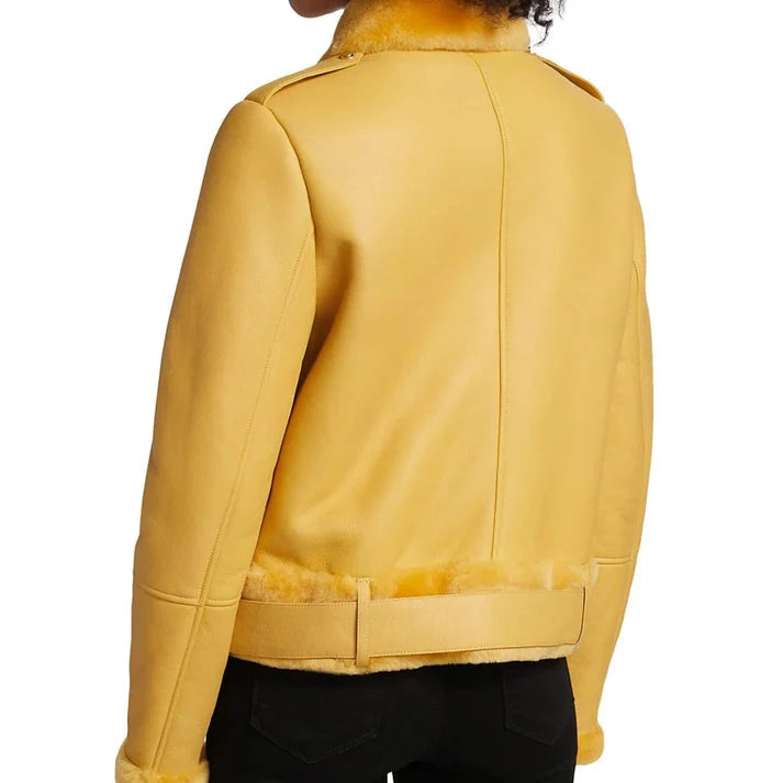 Women's Faux Shearling Yellow Leather Jacket image 1