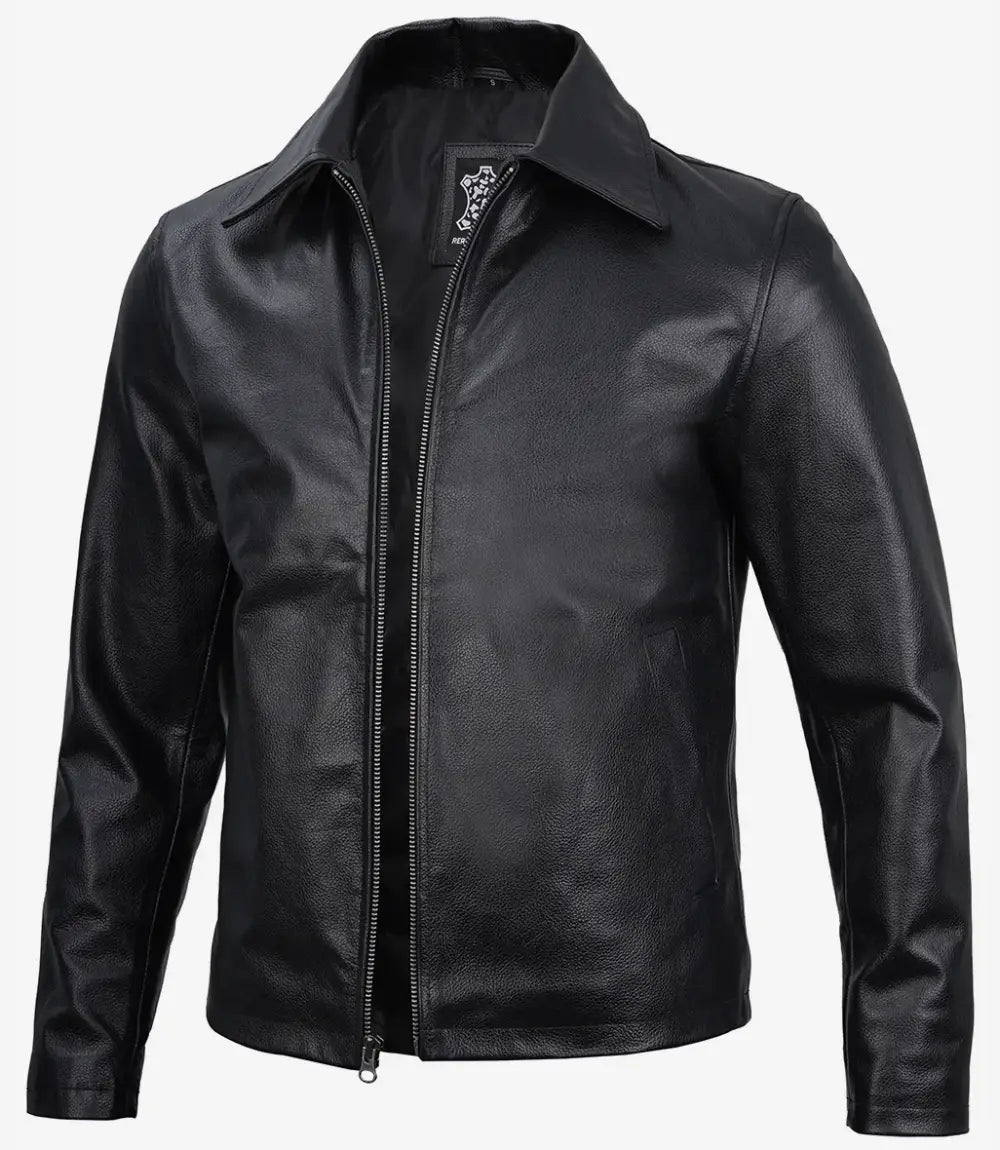 Men's Black Cowhide Shirt Collar Leather Jacket image 0