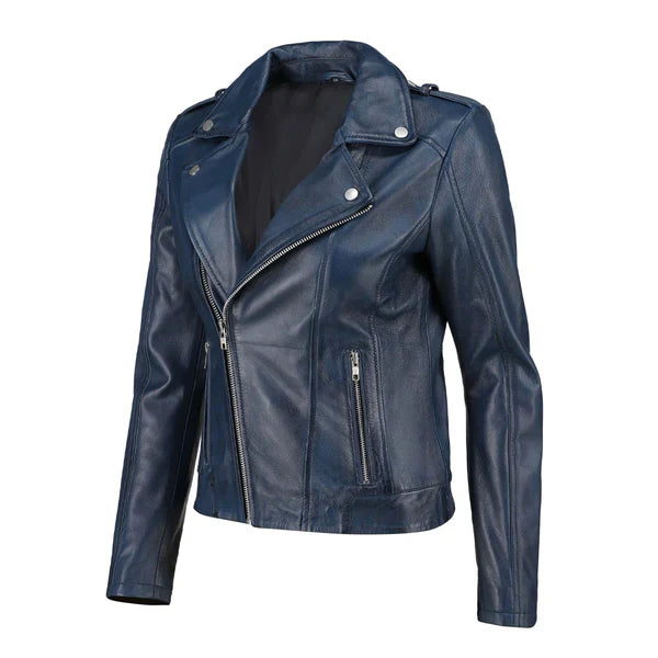 Women's Blue Handwaxed Zip-Up Moto Leather Jacket image 1