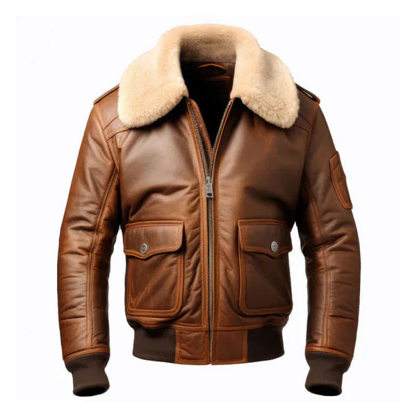 Men's Aviator Casual Lapel Faux Shearling Brown Leather Jacket image 0