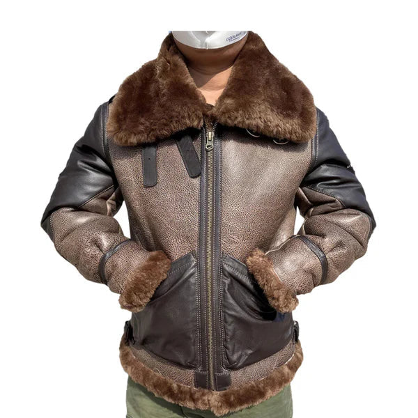 Men's Short Mixed Colors Pilot Faux Shearling Moto Real Leather Jacket image 0