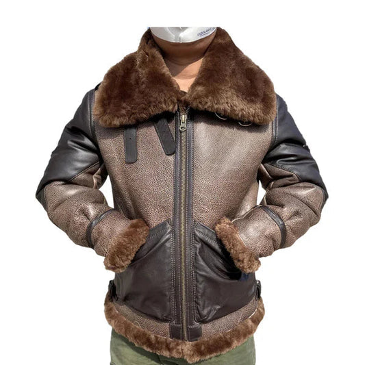 Men's Short Mixed Colors Pilot Faux Shearling Moto Real Leather Jacket image 0