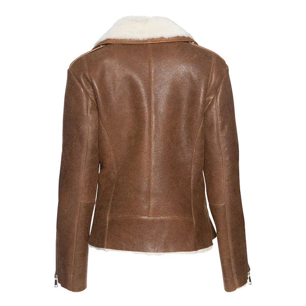 Women's Cognac Shearling Straight Moto Leather Jacket image 1