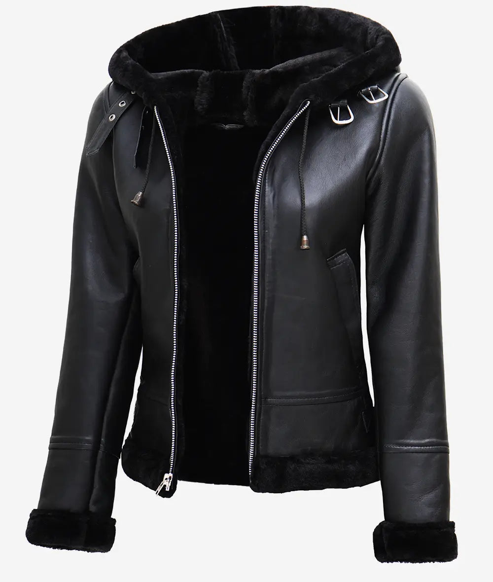 Women's Black Shearling Leather Hooded Jacket image 0