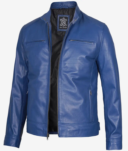 Men's Cafe Racer Classic Blue Leather Jacket image 0