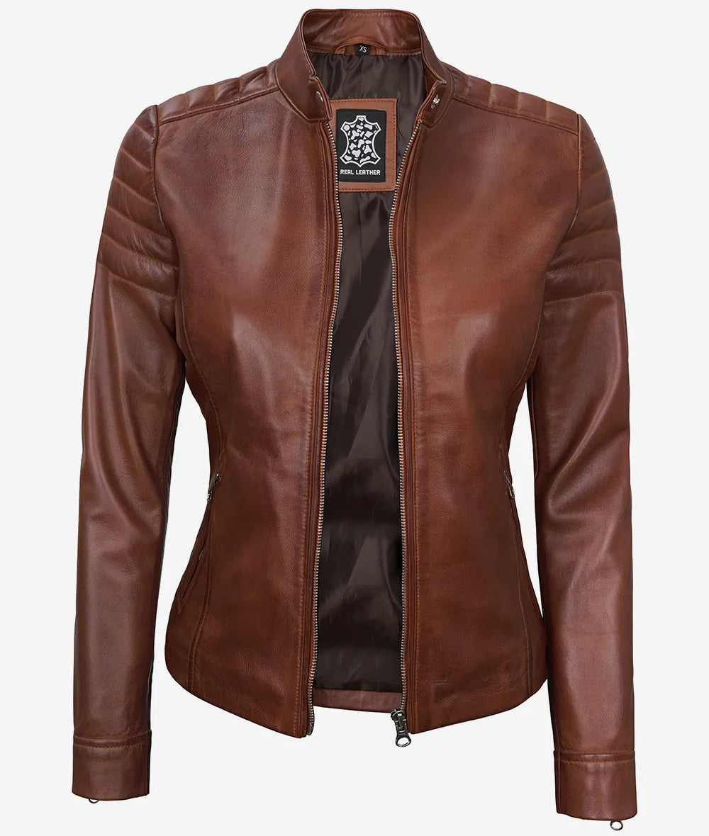 Women's Cognac Cafe Racer Leather Jacket image 1