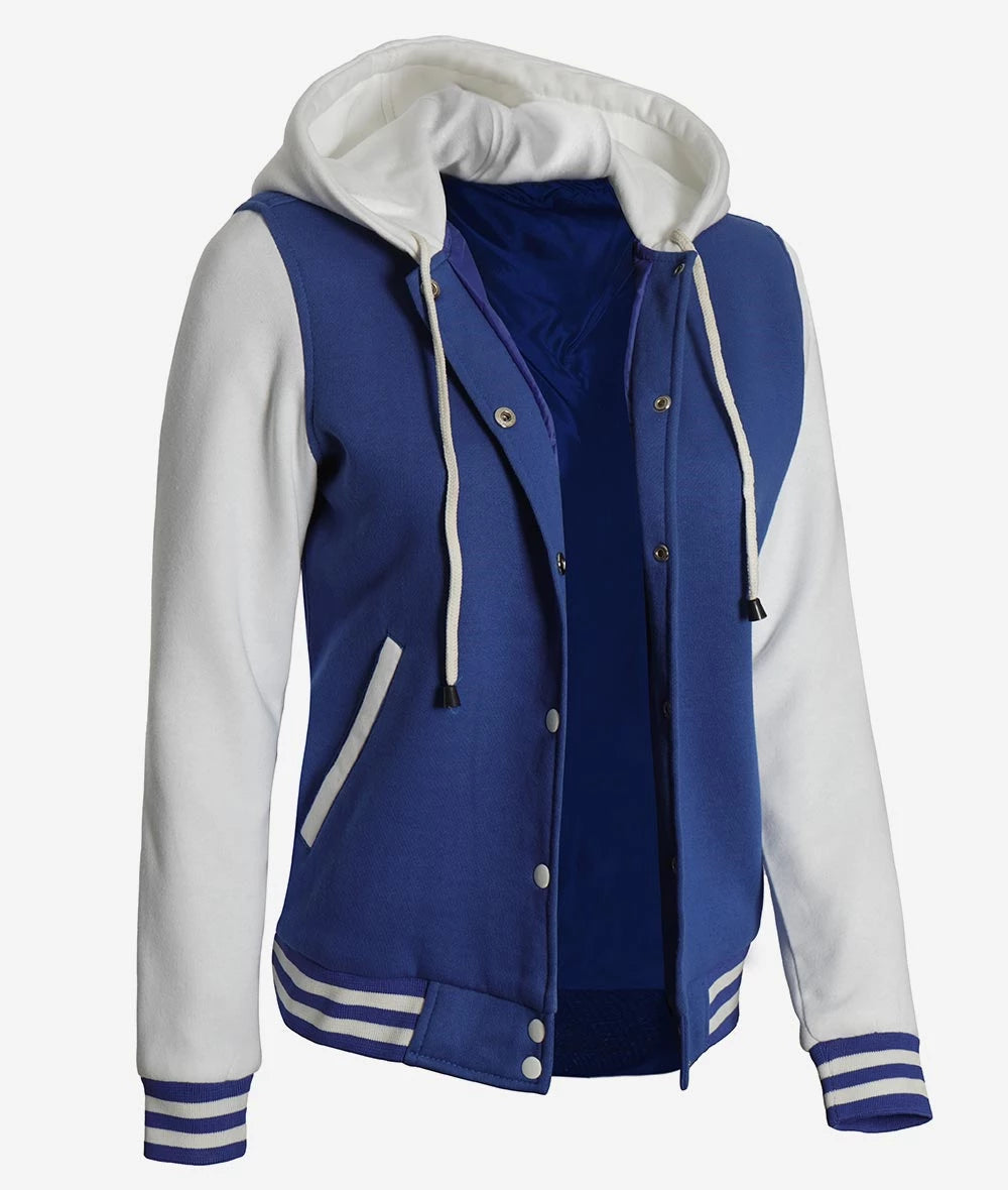 Women's Royal Blue and White Letterman Hooded Jacket image 1