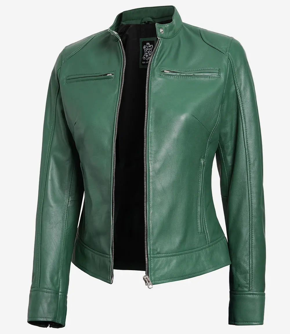 Women's Green Cafe Racer Leather Jacket image 0