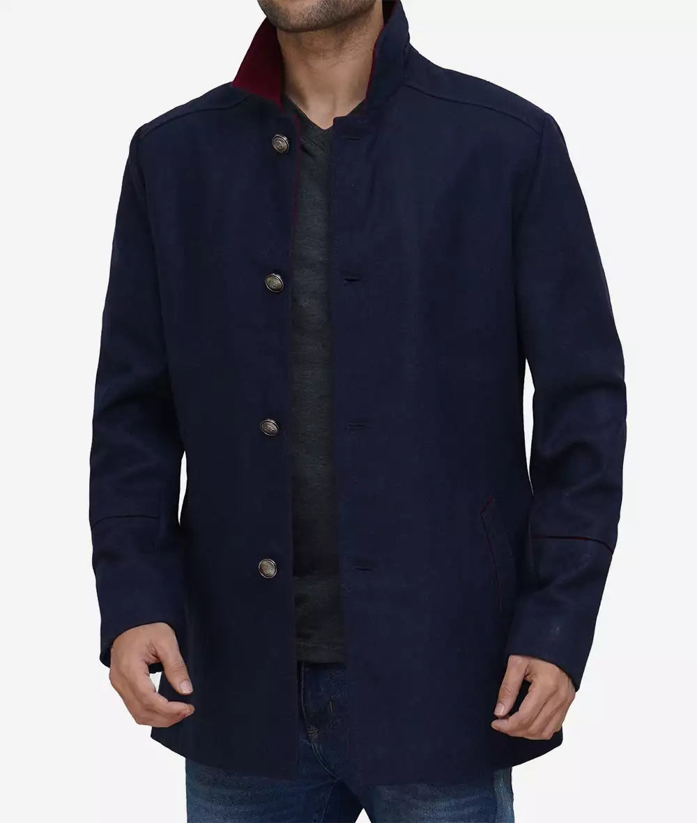Roy Men's Navy Blue Stylish Fit Wool Car Coat image 0