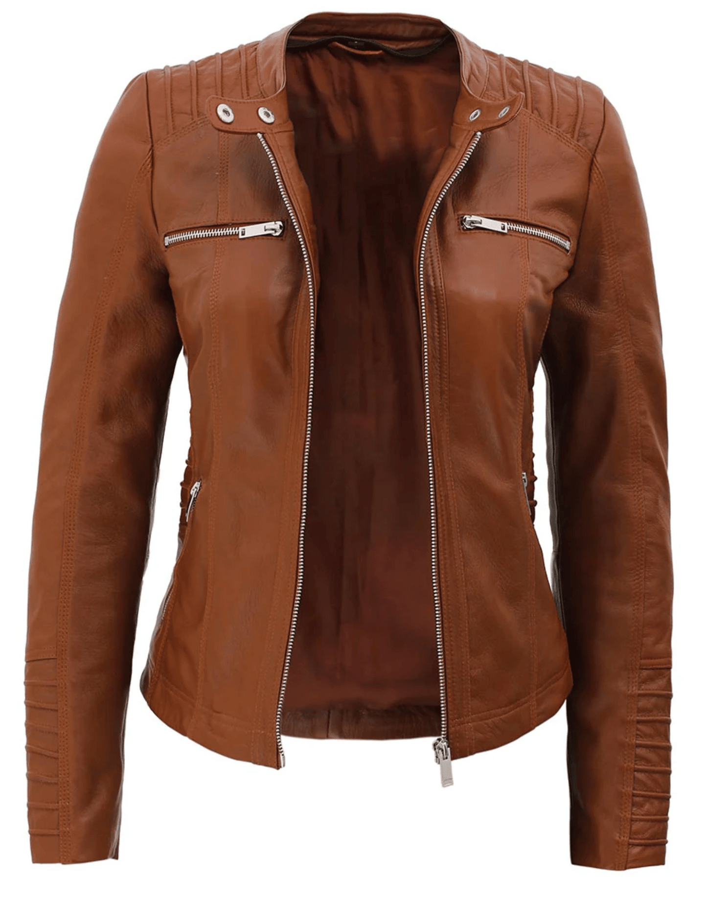 Womens Brown Racer Leather Jacket With Removable Hood image 4