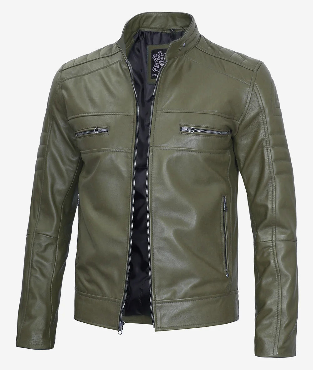 Men's Military Green Cafe Racer Leather Jacket image 0