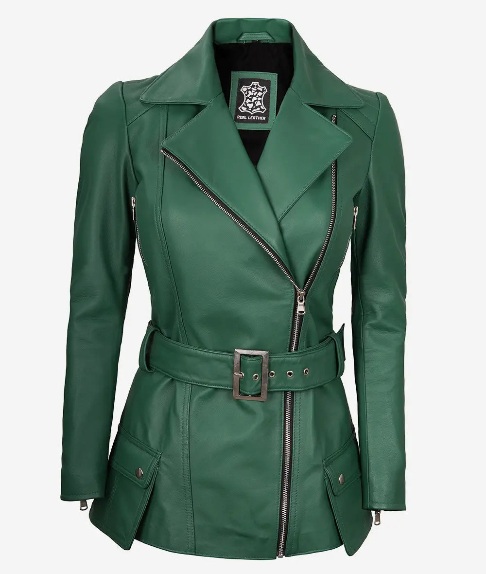 Women's Green Asymmetrical Moto Belted Leather Jacket image 0