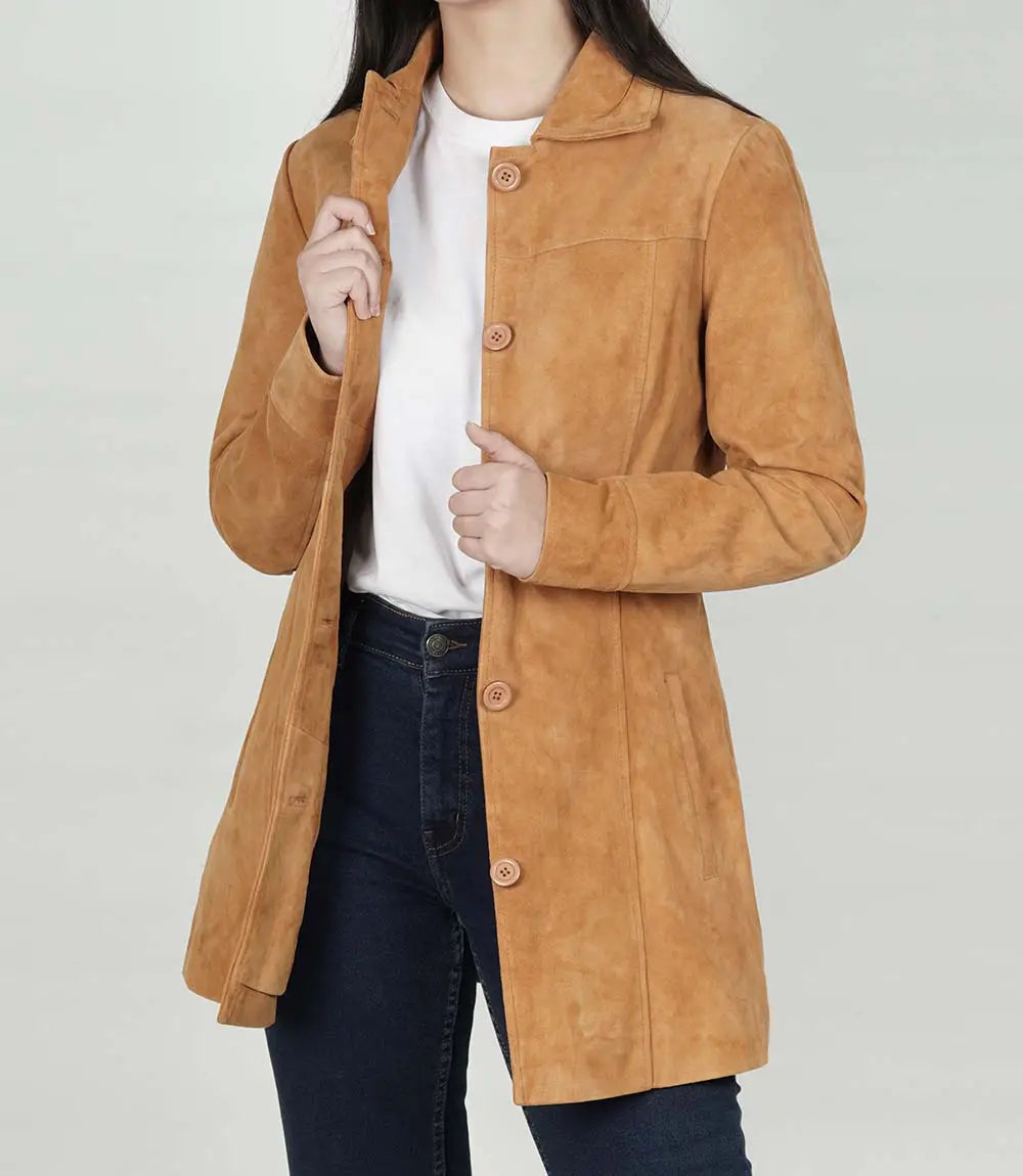 Women's Brown 3/4 Length Button Down Suede Coat image 1