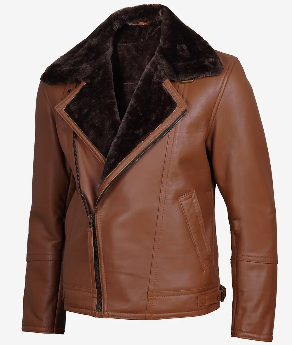 Men's Cognac Leather Shearling Moto Jacket image 1