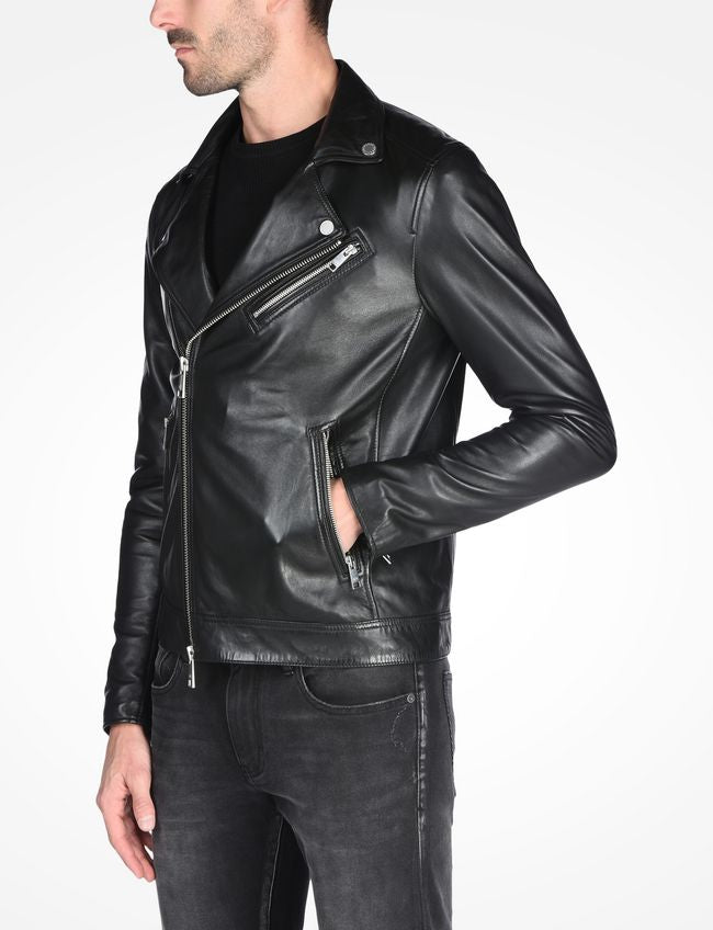 Black Sheepskin Leather Moto Jacket Men image 1