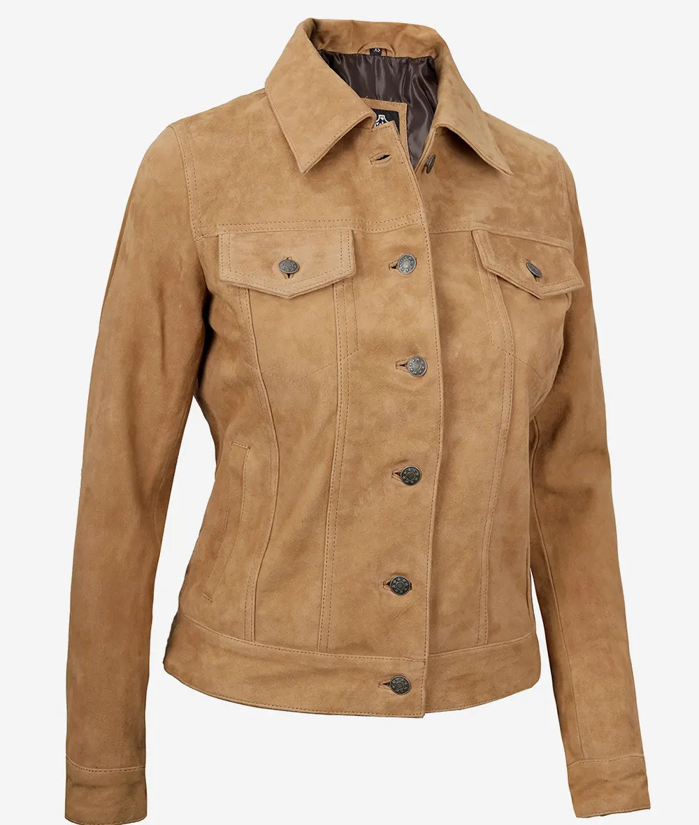 Women's Light Brown Suede Trucker Jacket image 1