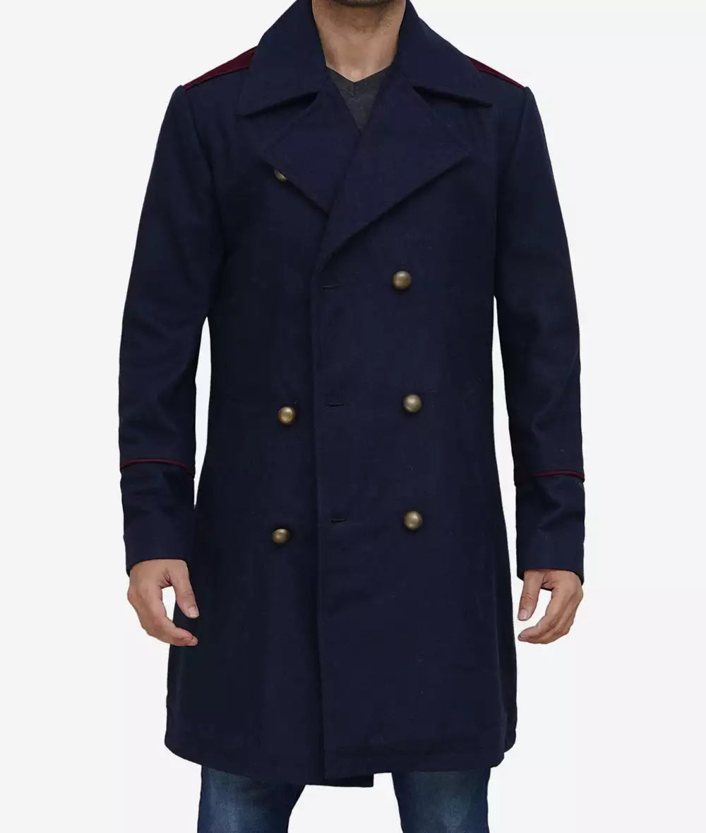 Men's Double-Breasted Navy Blue Long Wool Coat image 0
