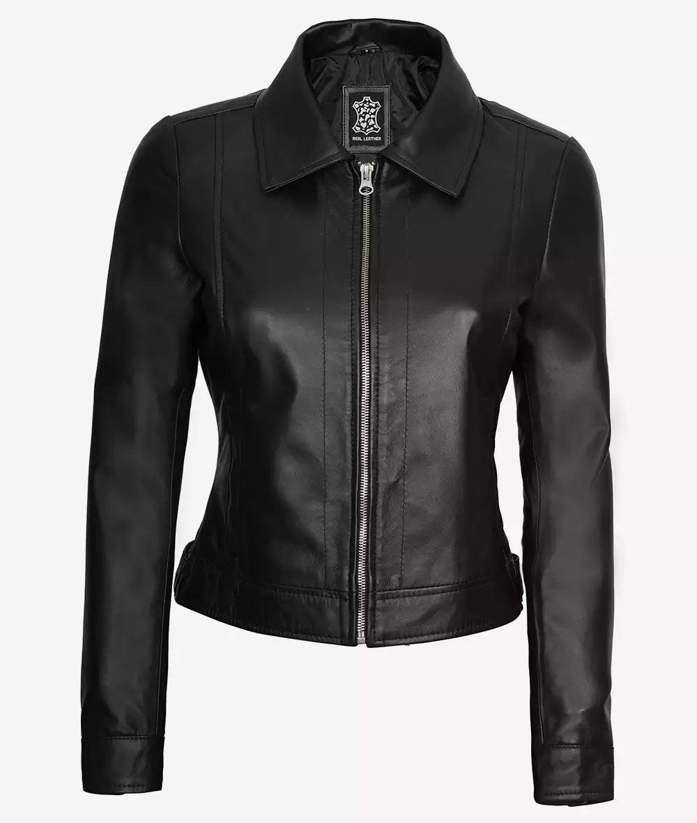 Jose Women's Black Harrington Shirt Collar Leather Jacket image 1