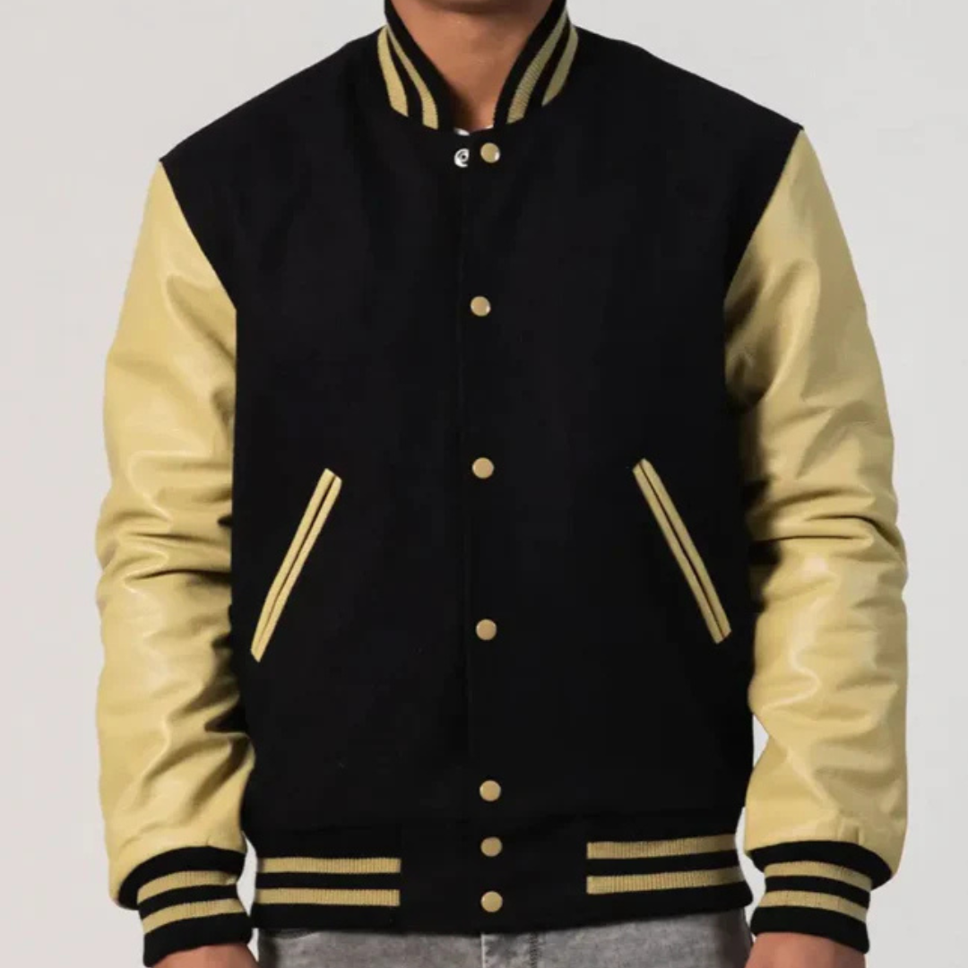 Black Melton Wool Varsity Jacket with Vegas Gold Leather Sleeves image 0