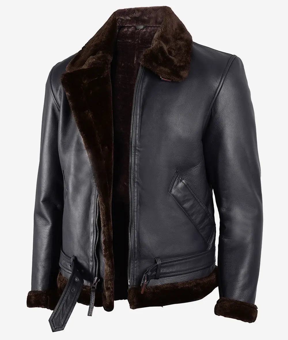 Men's Black Shearling Leather Jacket with Brown Fur image 1