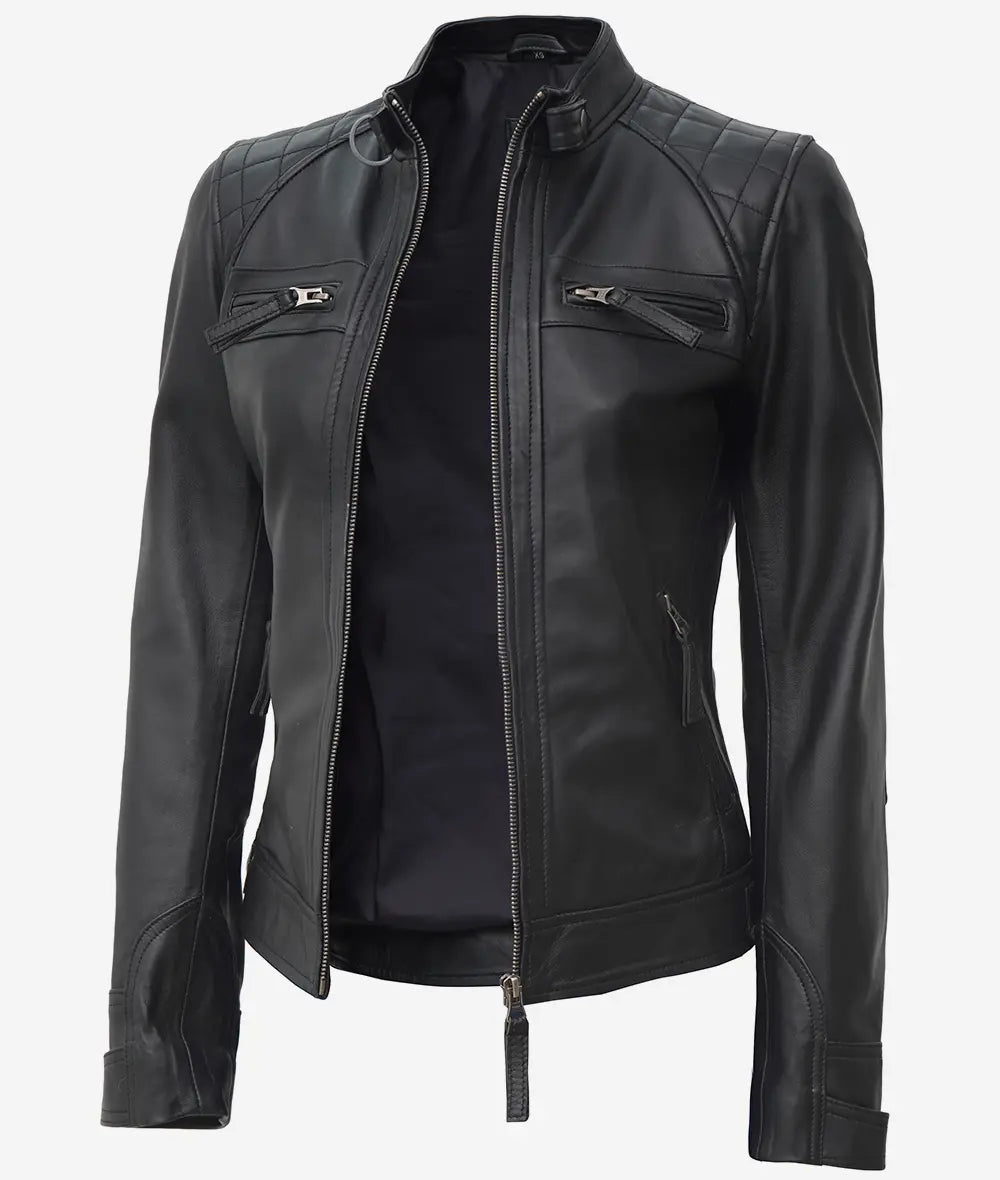Women's Black Cafe Racer Leather Jacket | Quilted Shoulder image 0